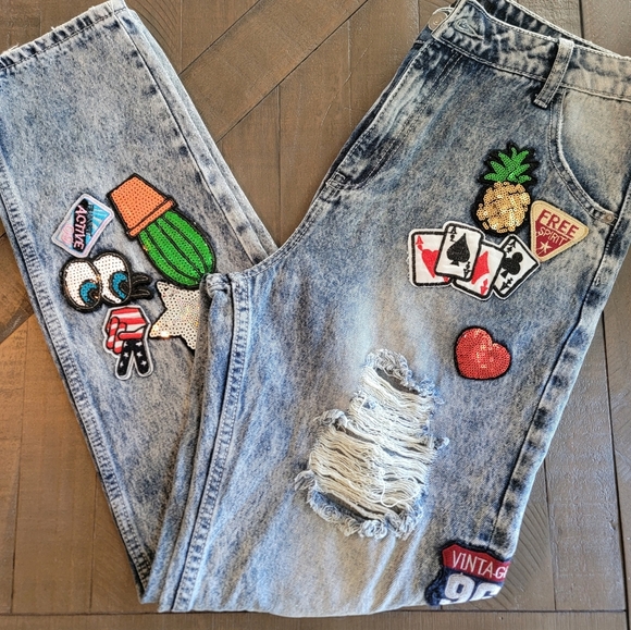 Denim - Pixie And Diamond Acid Wash Womens Jeans With Patchwork Sequined Details